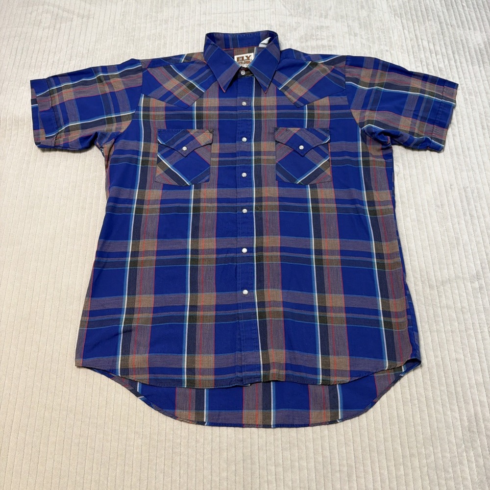 Ely Plains Western Shirt Mens Large Blue Striped Pearl Snap Short Sleeve
